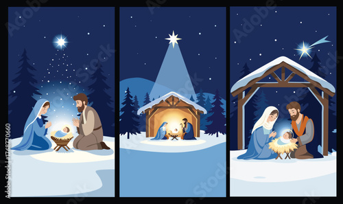 Vertical Christmas Nativity Scenes – Holy Night Illustrations for Mobile Projects. A collection of three vertical nativity illustrations. Perfect for Christmas mobile backgrounds, social media etc