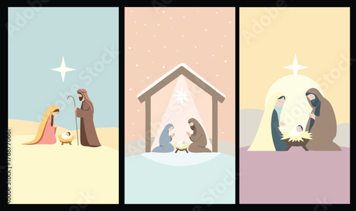 Vertical Christmas Nativity Scenes – Holy Night Illustrations for Mobile Projects
Three cozy winter nativity scenes in vertical format showing the Holy Family and the Star of Bethlehem. 