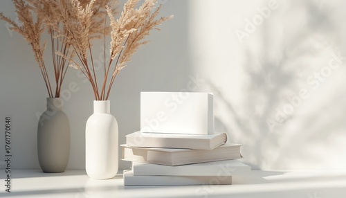 Wallpaper Mural Clean business card mockup on books. Blank card design presentation on white table. White vase with dry flowers. Elegant background with copy space. Modern branding scene. Torontodigital.ca