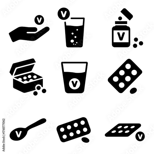 Icons of medicine and supplements: pills, bottles, and containers