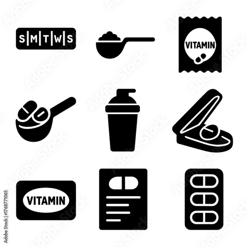 Black and white vitamin supplement icons on a dark gray background
