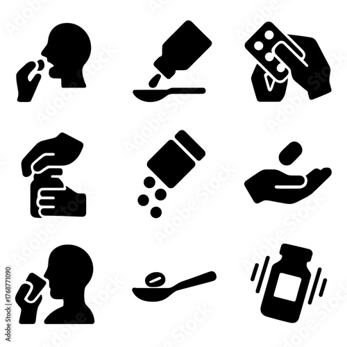 Medical icons set: pills, medication, and dosage tools in silhouette