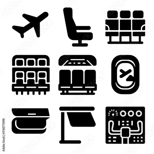 Black silhouette transportation icons: airplane, train, and travel seats