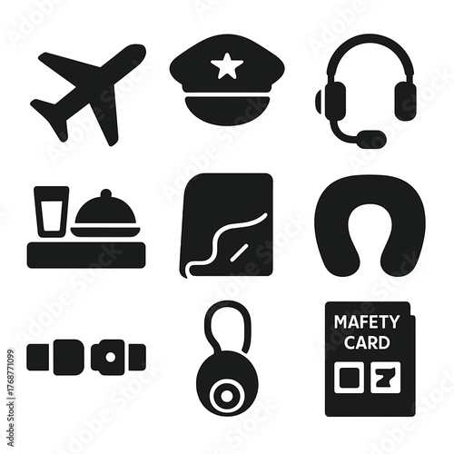 Air travel icons: safety, comfort, and service essentials