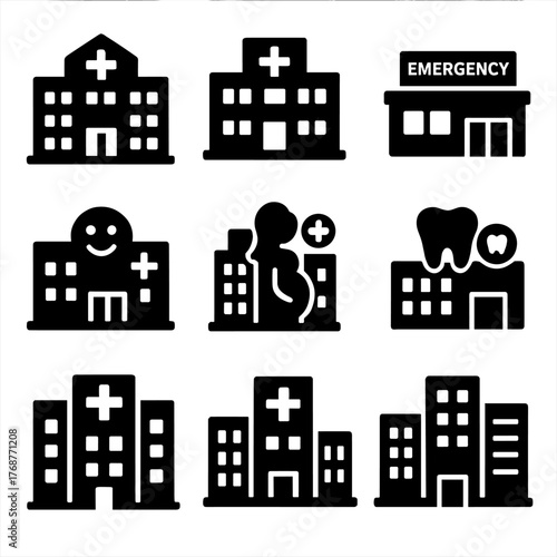 Black medical building icons set featuring hospital, emergency, and healthcare symbols