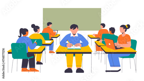 Diverse group of students attentively learning in a brightly lit classroom with a teacher at the front