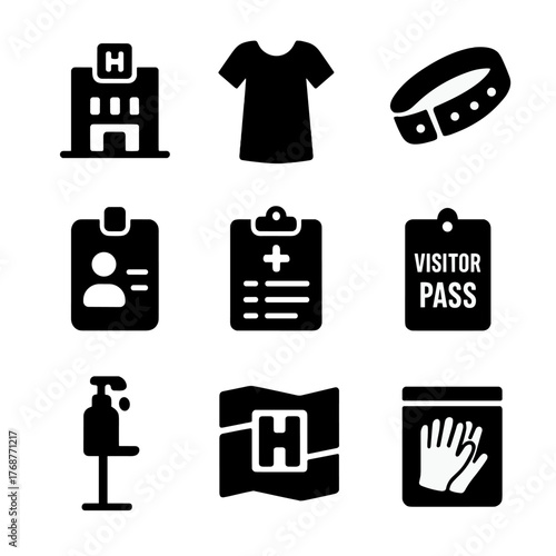 Medical icons set: health, hospital, id, visitor pass, sanitizer essentials