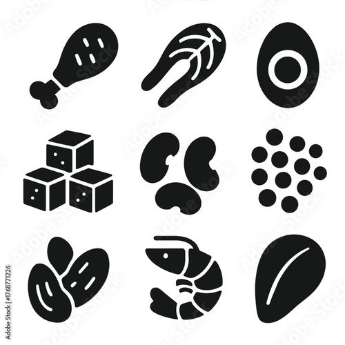 Black icons of food: meat, seafood, nuts, beans, eggs, grains