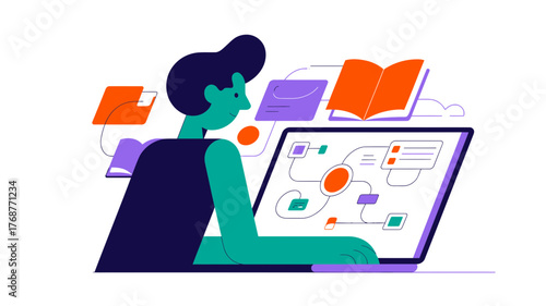 Young person learning online with laptop and educational books in a modern flat design style