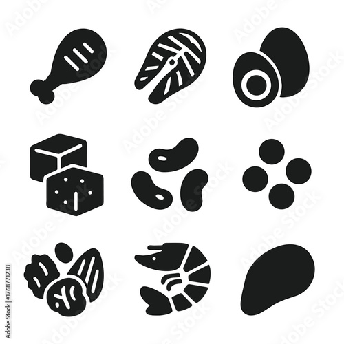 Set of protein-rich food icons featuring meat, fish, eggs, and legumes