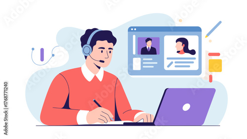 Customer service representative wearing headset and working on laptop with online chat interface showing client profiles