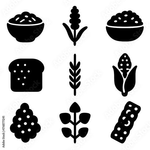 Silhouette icons of grains and baked goods on gradient background