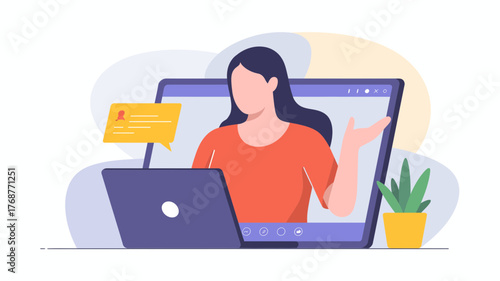 Young woman with dark hair wearing an orange shirt waves hello from a laptop screen during a video call