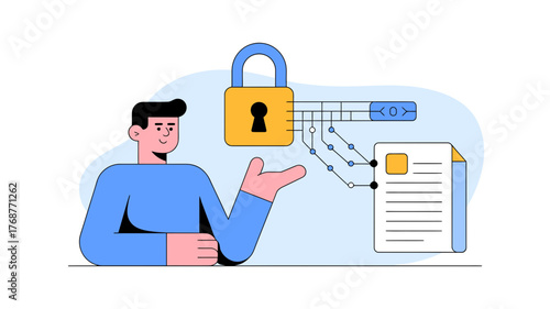 Man presenting digital security concepts with a padlock usb drive and document representing data protection and privacy