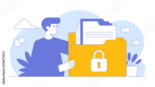 Man organizing and securing important documents in a locked folder for data protection and privacy