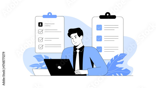 Focused businessman reviewing resumes on laptop with applicant profiles on clipboards in modern office setting