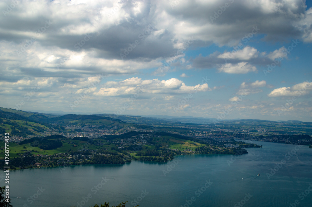 Obraz premium European Travel & Adventure: Promoting travel to the Swiss Alps. Images feature stunning vistas, hiking trails, lakes for sailing, and the overall spirit of outdoor exploration and adventure tourism.