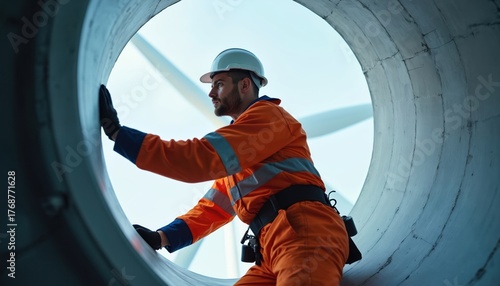 Wind turbine technician in safety gear works on large tower structure. Pro worker checks equipment high up, maintaining clean energy generation. Expert performs repair on generator for wind farm