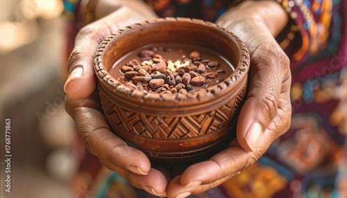 A ceremonial cacao drink held in traditional hands symbolizes heritage, healing, and ancient rituals of Mesoamerican culture