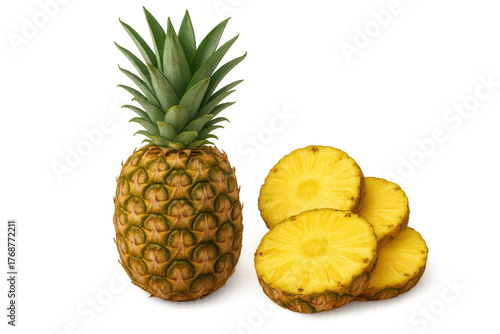 Pineapple whole fruit and sliced rings, fresh tropical produce, healthy eating, sweet juicy raw food transparent background