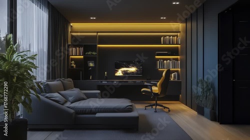 Wallpaper Mural A modern study features a sleek black desk with a large monitor displaying dynamic visuals. The room is softly illuminated, complemented by a cozy sofa and vibrant green plant. Torontodigital.ca