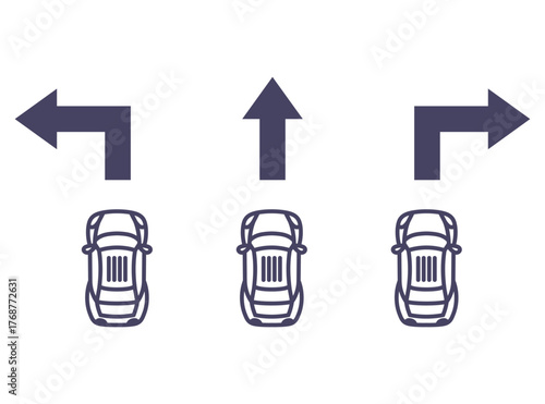 Black icon of a car turning left, right, straight. Flat illustration.