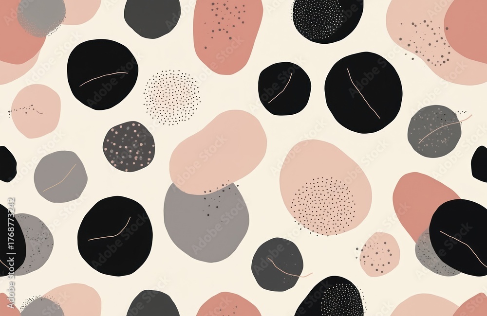 Fototapeta premium Abstract pattern with organic shapes and dots in pastel colors. Modern, minimalist design for textiles, paper prints, or web backgrounds. Simple geometric elements repeat for a stylish look.