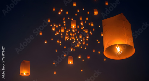 Mass release of illuminated sky lanterns at night