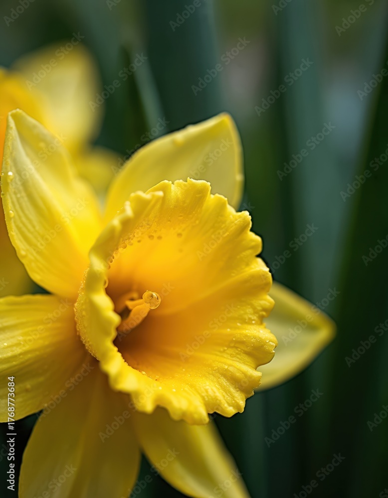 Fototapeta premium Bright yellow daffodil flower with water drops after rain. Close up macro view of narcissus blooming in garden. Green leaves in background suggest spring freshness, natural beauty.