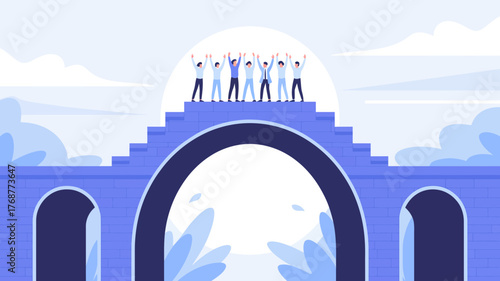 Diverse group of people celebrating success on top of a grand bridge symbolizing achievement and future possibilities