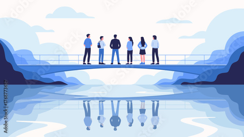 Diverse group of people standing together on a bridge with their reflections visible in the water below
