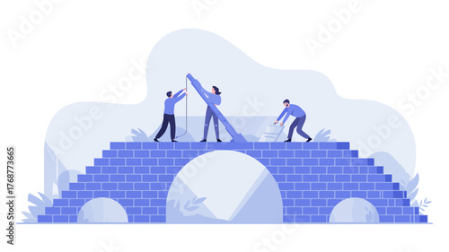 Teamwork and collaboration illustration of people building a bridge together reaching for success and overcoming challenges