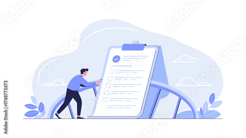 Man interacts with a large smartphone screen displaying a detailed checklist or form with a modern flat design illustration