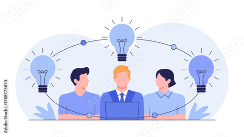 Diverse team of professionals collaborating and sharing innovative ideas with glowing lightbulbs symbolizing creativity and inspiration