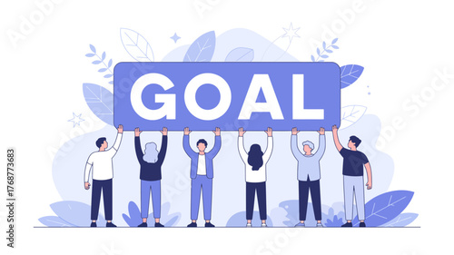Diverse group of people working together to achieve a common goal holding up a large sign with the word goal