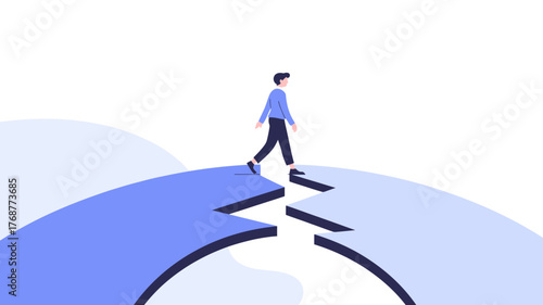 Man walking across a broken bridge representing overcoming challenges and finding solutions