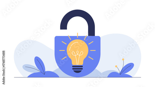 Unlocked padlock with a glowing light bulb inside symbolizing innovation and creative solutions being set free
