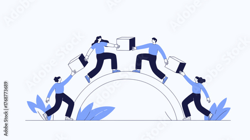 Diverse team of professionals collaborating and connecting across a digital bridge with laptops and tablets