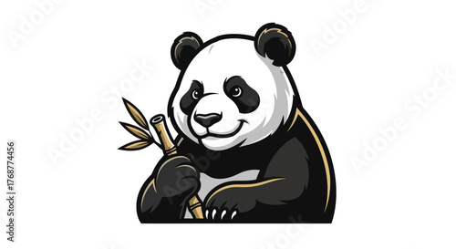 Cartoon Panda Bear Holding Bamboo Shoot with a Gentle Smile.
