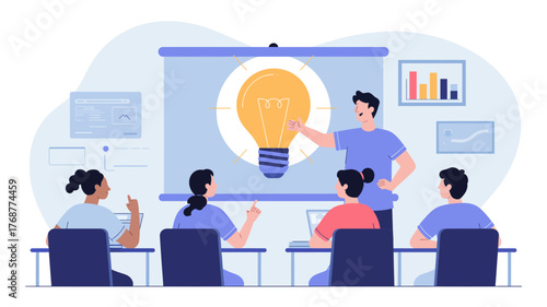 Diverse group of people attending a business presentation about innovation and new ideas featuring a large lightbulb on screen