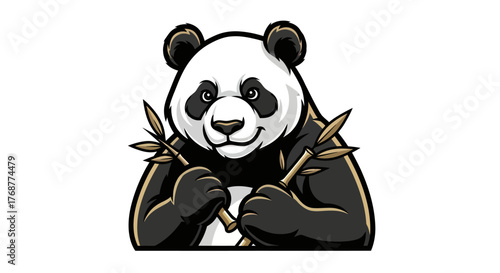 Cartoon Panda Bear Holding Bamboo Sticks with Focused Expression.