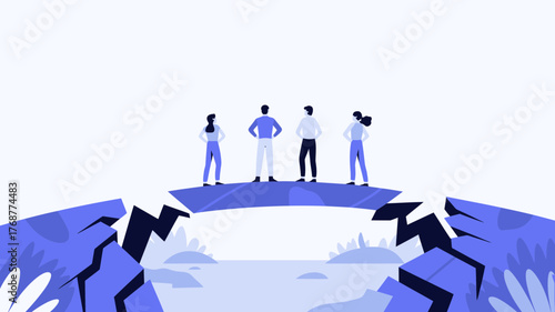 Diverse group of people standing on a narrow bridge connecting two fractured cliffs symbolizing overcoming challenges and finding solutions