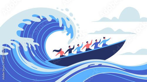 Diverse group of people in a small boat struggling against a massive powerful ocean wave symbolizing challenges and adversity