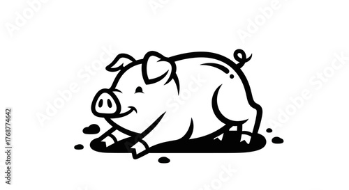 Cartoon Pig Illustration - A Cheerful Farm Animal in Black and White.