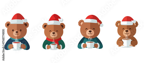 Cute bears wearing Santa hats enjoying drinks during winter, white background, isolated, vector, set  