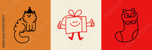 Vector illustration in simple hadn drawn style, in trendy playful whimsical quirky style, for Christmas and New Year prints, cards, banners, with funny and friendly mascot and character