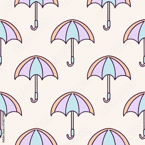 Seamless pattern of pastel colored umbrellas on a light background for textile art