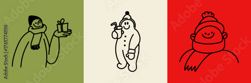 Vector illustration in simple hadn drawn style, in trendy playful whimsical quirky style, for Christmas and New Year prints, cards, banners, with funny and friendly mascot and character