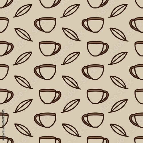 Seamless pattern with coffee cups and leaves on a beige background surface
