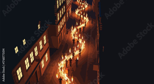 A dramatic, stylized illustration of a nighttime torchlight procession winding down a dark, narrow city street flanked by illuminated buildings